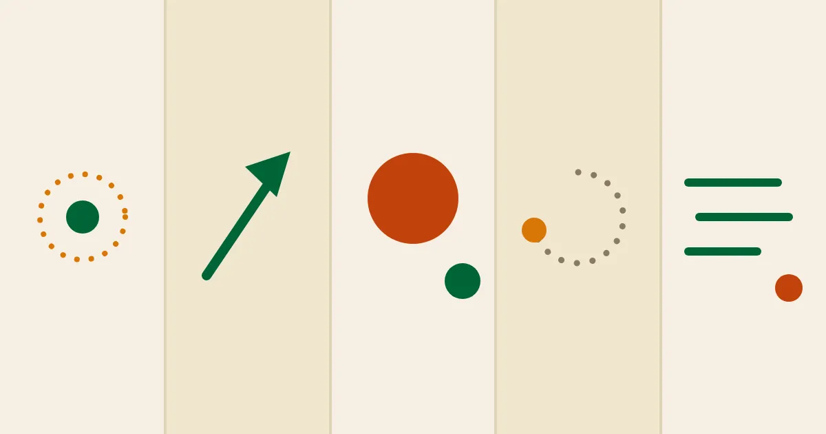 Five cream panels side by side, each holding one small motif: a dotted ring, a cutting arrow, a big and small disc, a half-open dotted circle, and three speed lines — flat mid-century illustration