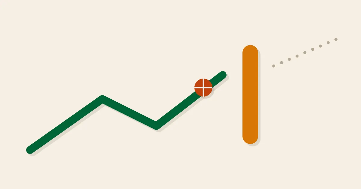 A thick green zigzag line building momentum towards the right is stopped dead by a mustard bar, with only a faint dotted line continuing beyond — flat mid-century illustration