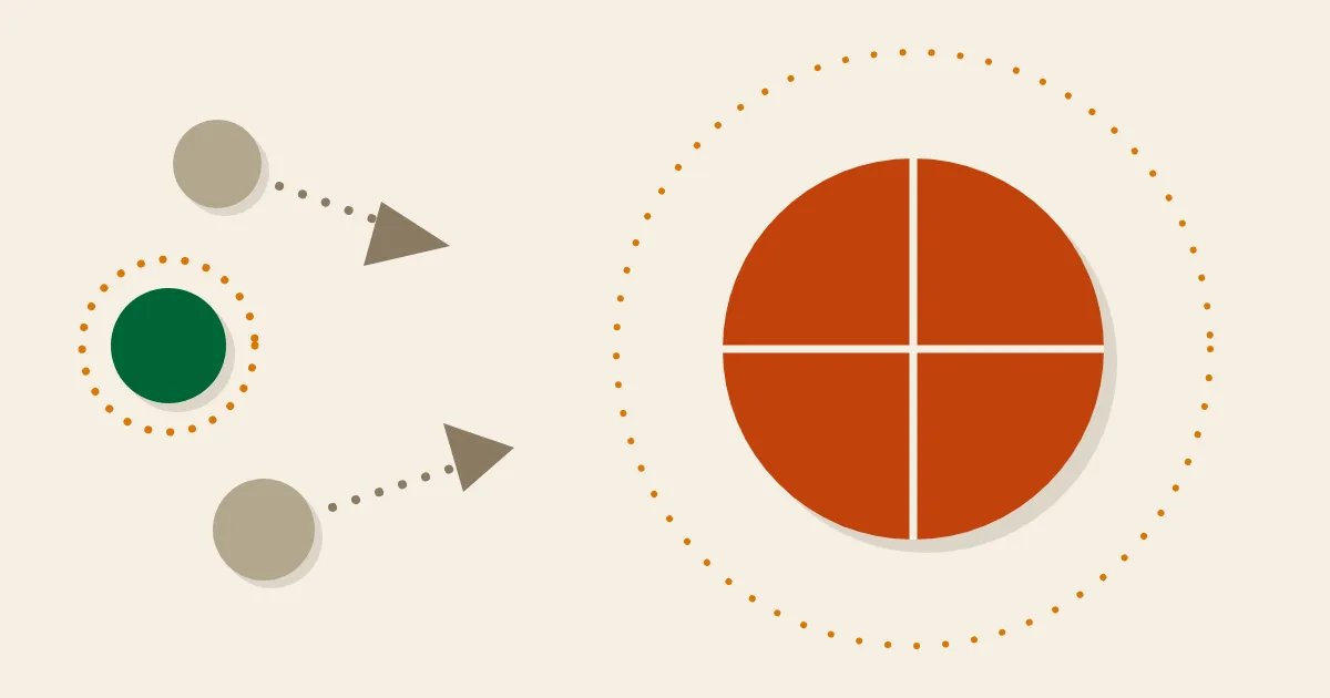 A huge burnt-orange ball ringed by a dotted orbit pulls two stone defenders towards it, leaving a green player open with their own dotted ring — flat mid-century illustration