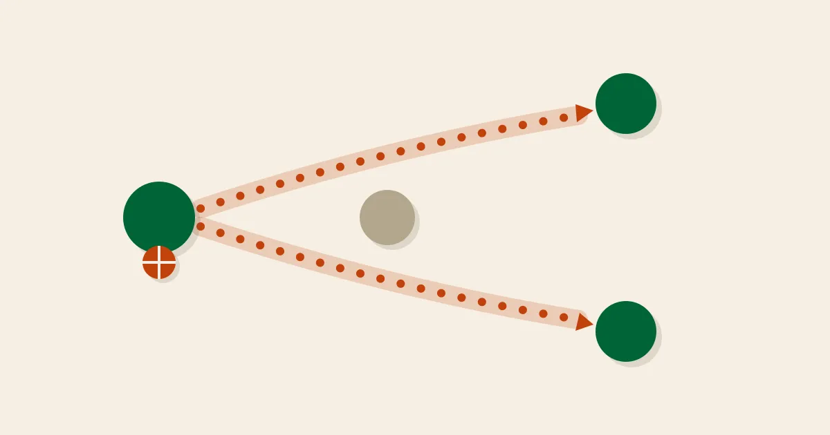 A green ball-handler on the left with two dotted orange passing lanes fanning out past a single stone defender to two green teammates — flat mid-century illustration