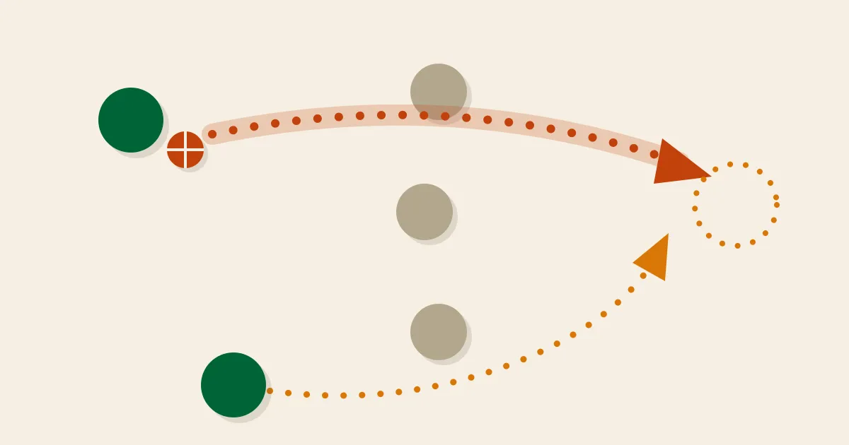 A green disc curls a dotted mustard run behind a line of stone defenders while an orange pass arcs over the top — both arrows converging on an empty dotted ring, flat mid-century illustration