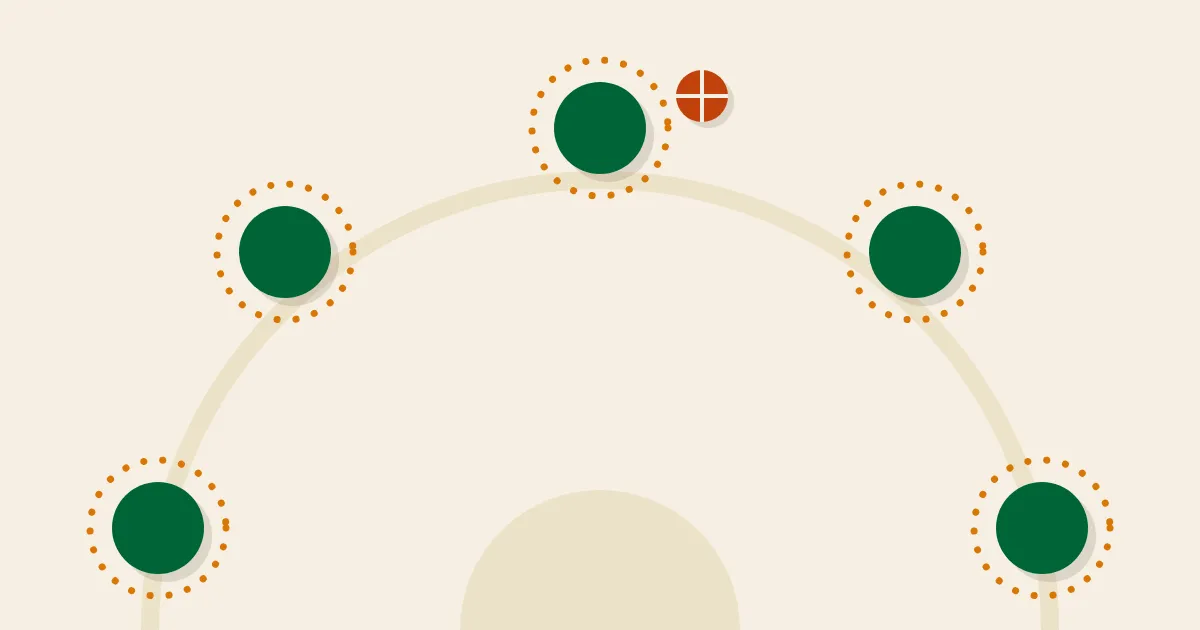 Five green discs ringed by dotted spot markers, arranged around a faint half-court arc with a ball waiting at the top — flat mid-century illustration